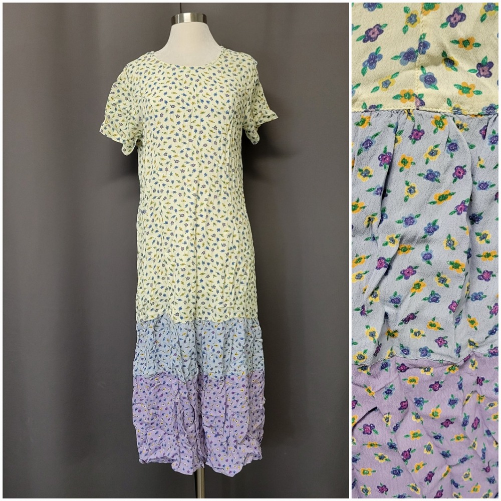 Vintage 90s y2k J.G. Hook Floral Tiered Midi Dress Pastel Yellow‎ Blue Purple Sm